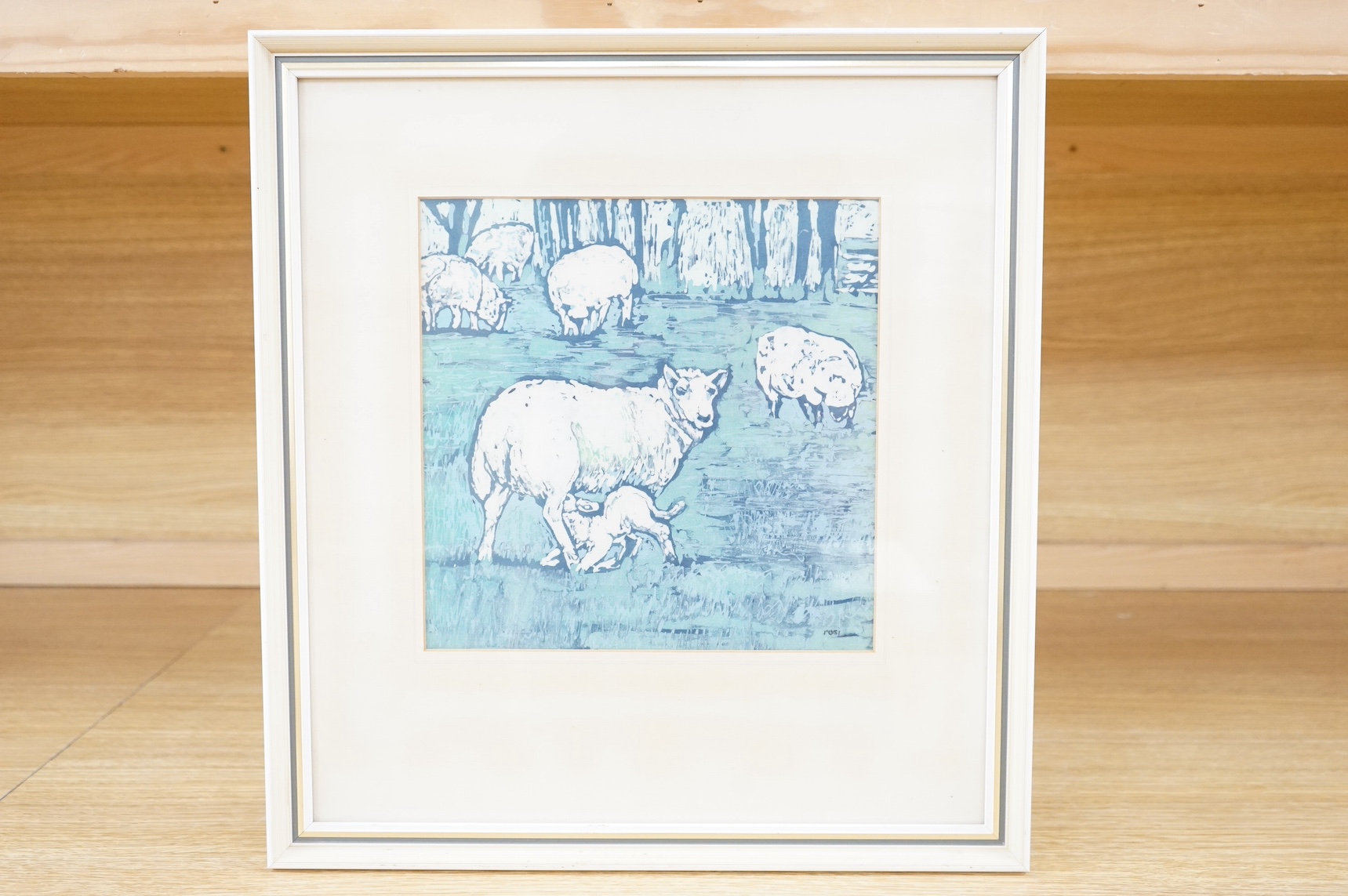 Rosi Robinson, print on fabric, Sheep grazing, signed, 24 x 24cm. Condition - good
